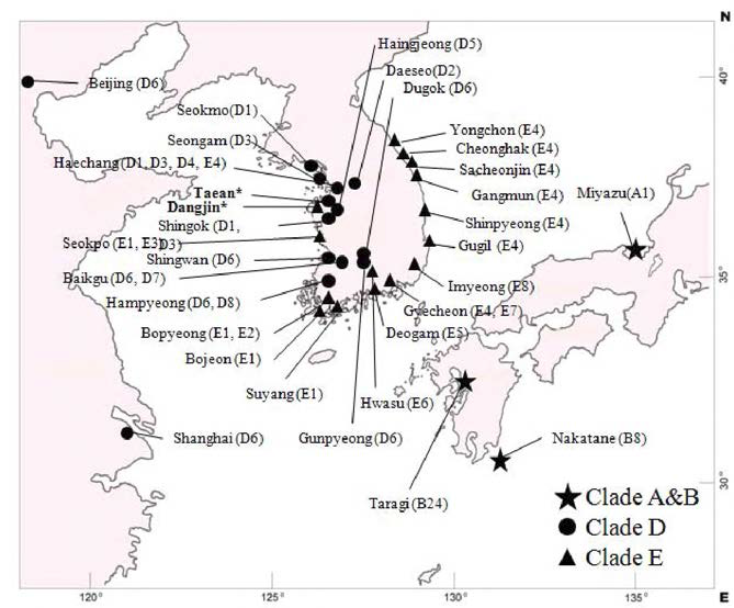 한국，중국， 일본에서 발견된 haplotype과 분포현황