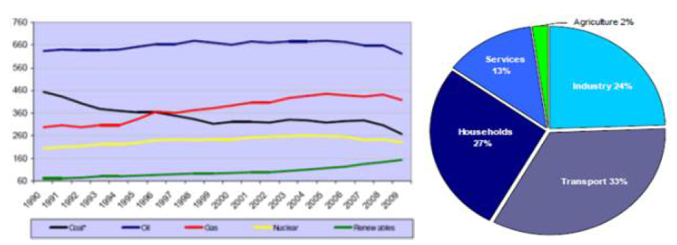 EU의 에너지원별 소비량 추이(단위: Mtoe) 및 부문별 에너지 소비량 비율