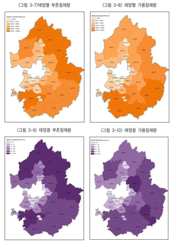 태양열 및 태양광 부존잠재량의 경기도 지역별 분포도
