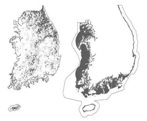 육상 및 해상 풍력단지 개발가능 영역(짙은 회색)