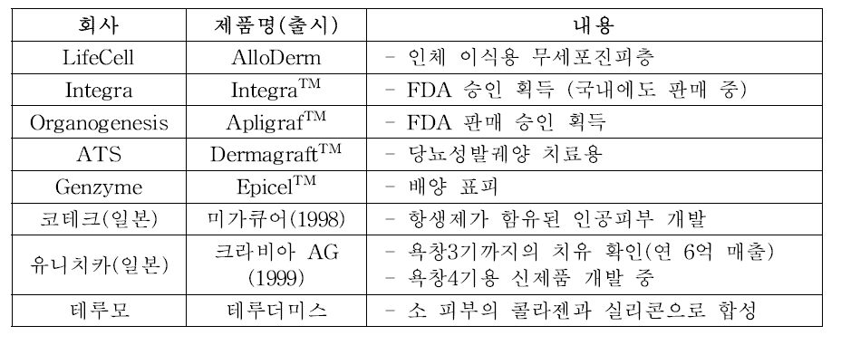 인공피부 제품 현황