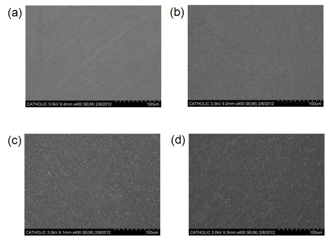 SEM 이미지. (a) 티타늄, (b) 헤파린-도파민으로 개질된 티타늄, (c) Alendronate (1mg)가 탑재된 티타늄, (d) Alendronate (5mg)가 탑재된 티타늄.