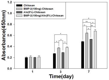 BMP-2 및 alendronate가 고정화된 키토산 지지체의 세포 증식도 평가