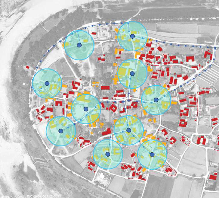 하회마을 옥외 소화전 유효반경 분석 지도