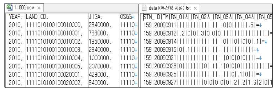 대용량 아스키파일(CSV, TXT, DAT)의 예시