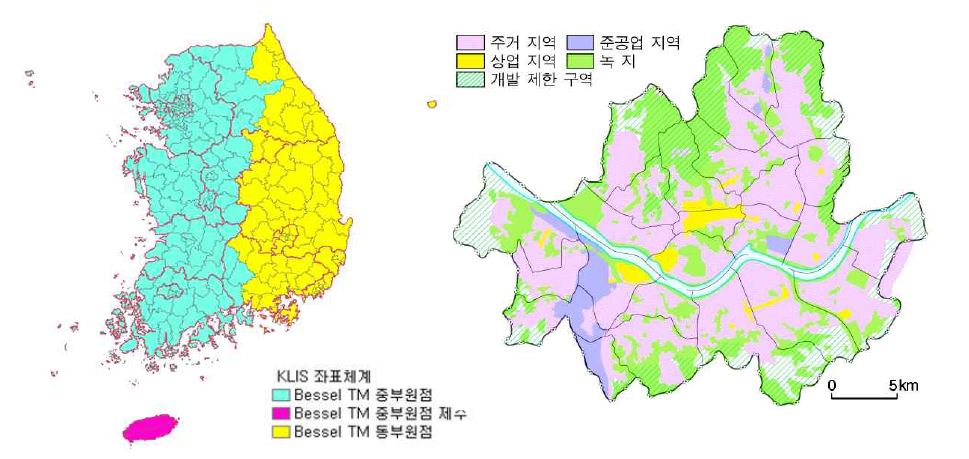 KLIS 좌표체계와 용도지역의 예시