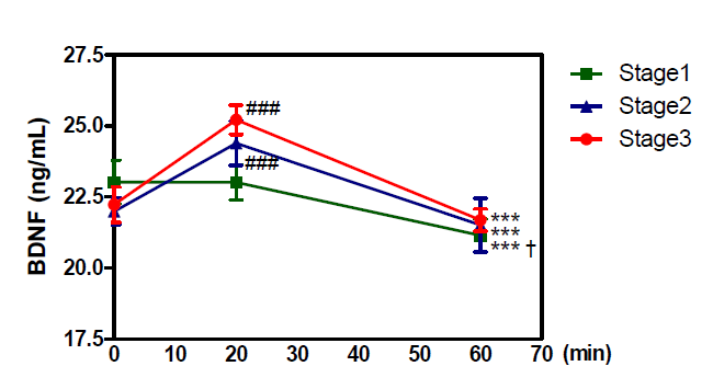 트레드밀 훈련 시간에 따른 신경세포성장인자(BDNF)의 변화
