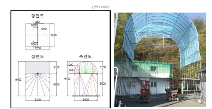 아케이드 도면·치수 및 제작된 아케이드 사진