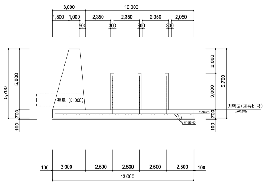 토석류 제어댐 B-B’단면도