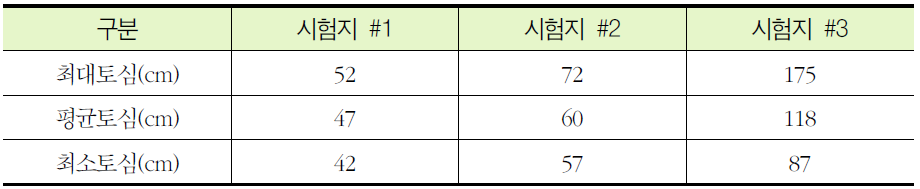 현장관입시험을 통한 시험지 #1, #2, #3의 토심측정 결과