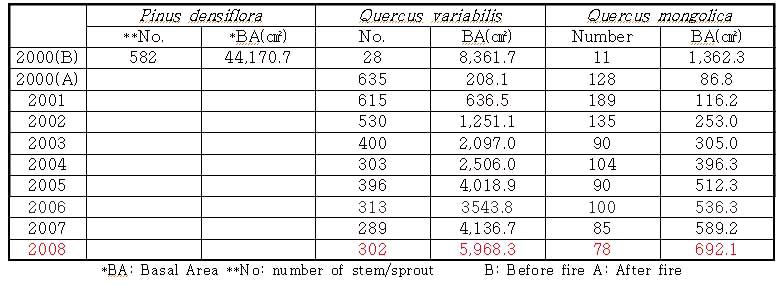 소나무-굴참나무 임분에서의 산불 전(2000(B))과 후(A)의 총맹아수 및 기저면적의 경년 변화