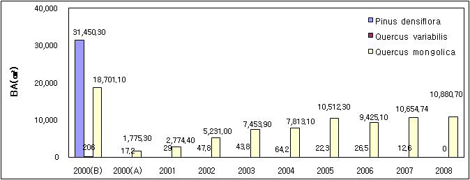 소나무-신갈나무 임분에서의 산불 전(2000(B))과 후(A)의 기저면적의 경년 변화