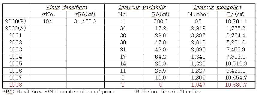 나무-신갈나무 임분에서의 산불 전(2000(B))과 후(A)의 총맹아수 및 기저면적의 경년 변화