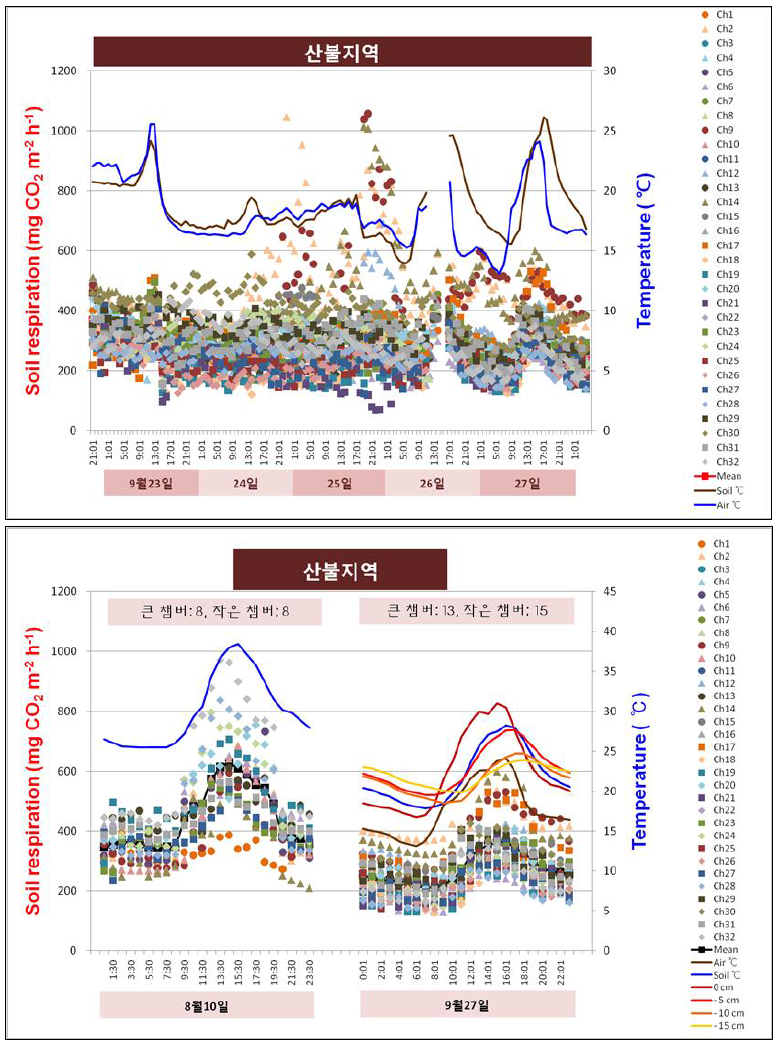 산불피해지역에서의 토양호흡 및 온도의 관측 결과