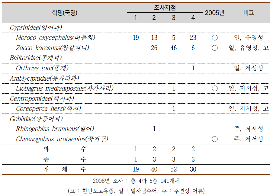 각 조사지점별 어류상과 개체수