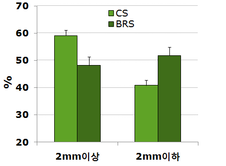 묘목 종류에 따른 세근 비율(CS : 용기묘, BRS : 노지묘)