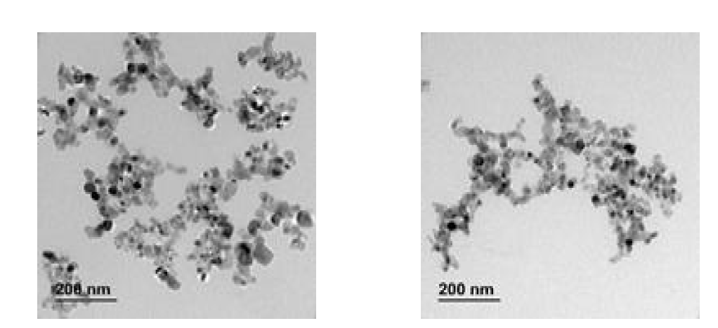 디클로로메탄 반응 전(左)과 후(右)의 TiO2의 TEM 사진
