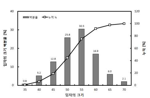 입자상 금속물질의 크기 분포도 예시