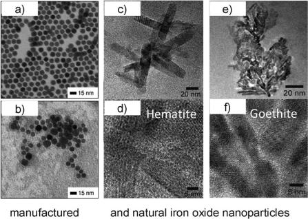 전자현미경으로 관찰된 제조된 철 나노물질(a, b)와 자연발생 철 산화물 나노물질(c~f)의 형태[