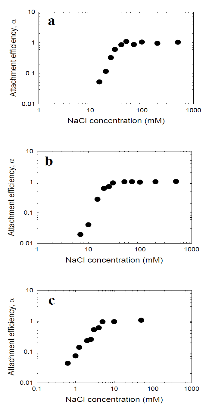 배경용액의 농도 변화에 따른 pH 7.5(a), pH 8(b), pH 8.5(c)에서 10 nm ZnO NPs의 attachment efficiency