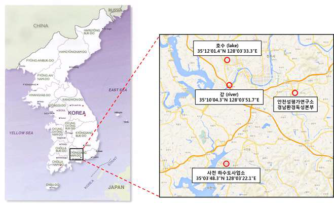 하천수, 호소수, 하수의 채취 지점.