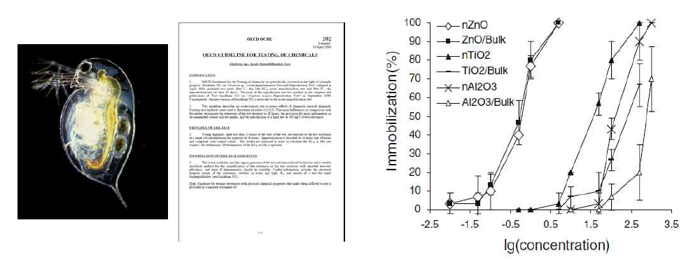 수생태독성 평가(예: 물벼룩) 및 나노물질 별 물벼룩 독성 실험 결과