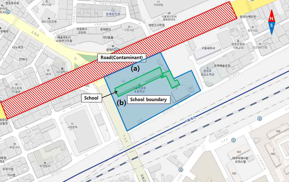 학교 B의 도로, 학교 부지, 교사 배치도