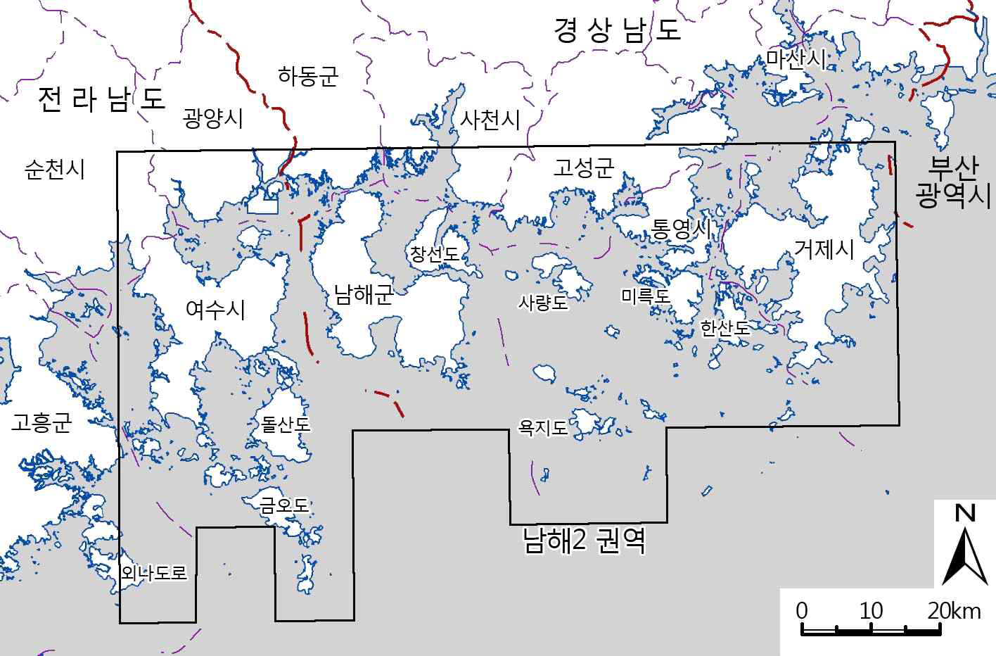Survey sites of Namhae 3 sub-regions.