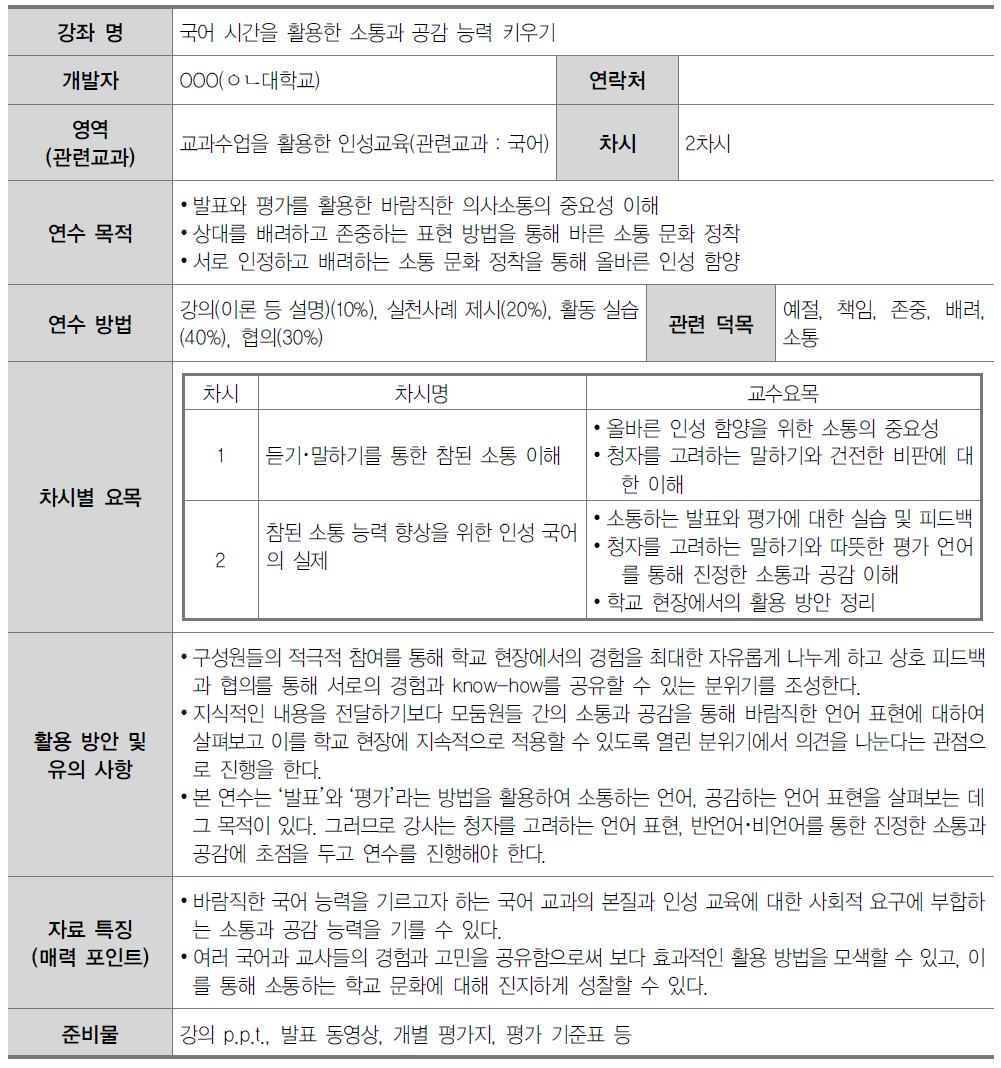 중학교 교원 인성교육 연수자료(3영역)- 3-3. 국어 시간을 활용한 소통과 공감 능력 키우기