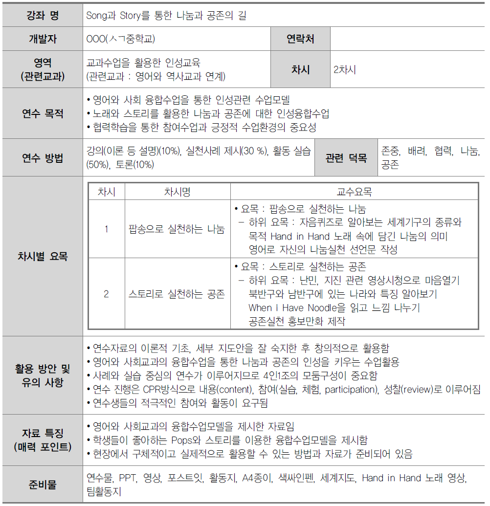 학교 교원 인성교육 연수자료(3영역)- 3-4. Song과 Story를 통한 나눔과 공존의 길