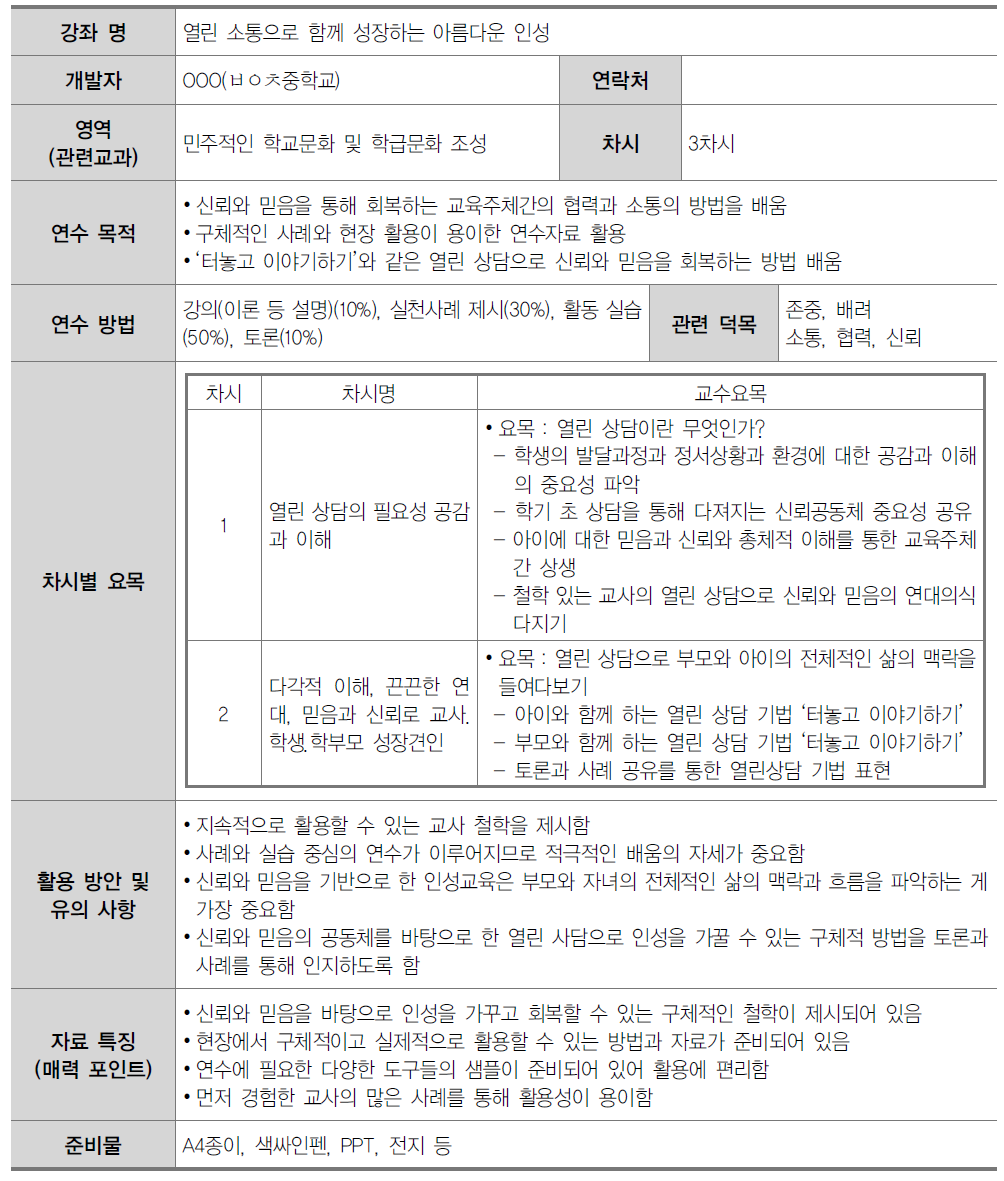 중학교 교원 인성교육 연수자료(7영역)-7-2. 열린 소통으로 함께 성장하는 아름다운 인성