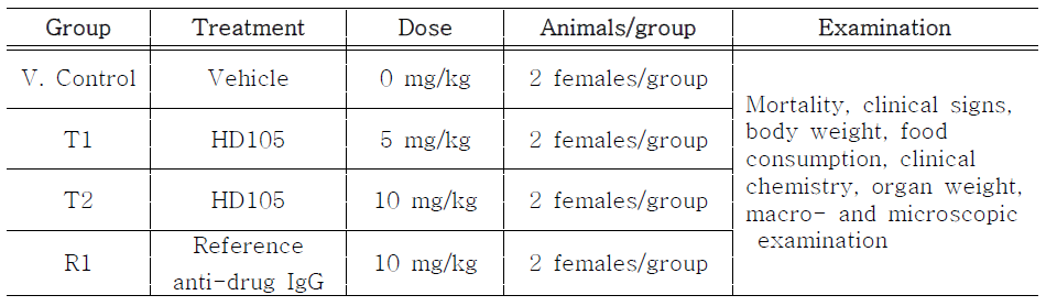 Group design for 5-week repeat intravenous dose monkey toxicity study (Dose Range Finding Study).