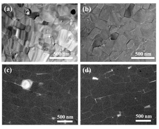 Bright field TEM images of the powders after (a) N-DR and (b) 5M-DR process. Energy filtered Nd mapping image of the powder after (c) N-DR and (d) 5M-DR process