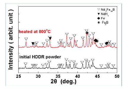 초기 HDDR 분말과 고온으로 가열한 HDDR 분말의 X선 회절 분석 결과.