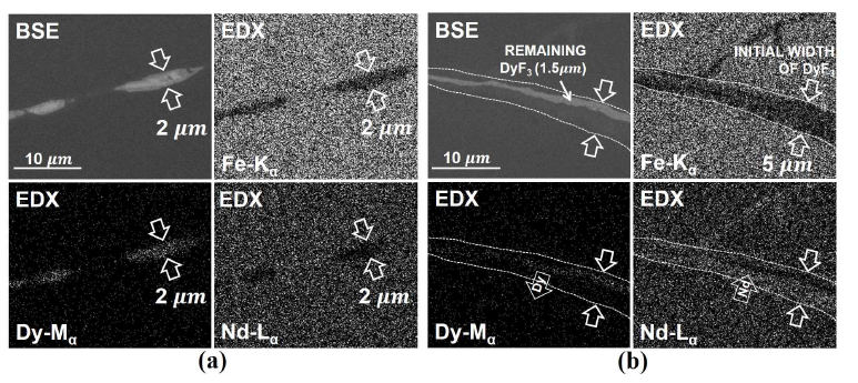 DyF3를 첨가하고 (a) 610 ℃, (b) 735 ℃에서 열간압축성형한 재료의 SEM(BSE)사진과 X선 원소 분석 맵핑.