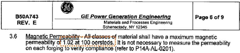 GE specification, 비자성 기준.