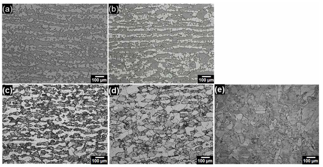 (a) D2W, (b) D5W, (c) D1, (d) D2 및 (e) D3 합금의 미세조직.