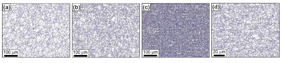 0.25NFG의 결정립 미세화 (EBSD boundary map): (a) HR900C30m, (b) CR900C30m, (c) CR900C05m, (d) CR900C05m 고배율