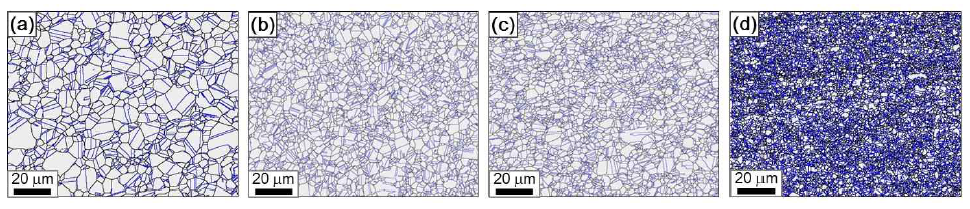 0.19NFG의 결정립 미세화 (EBSD boundary map 고배율): (a) CR900C05m, (b) CR850C05m, (c) CR800C05m, (d) CR750C05m