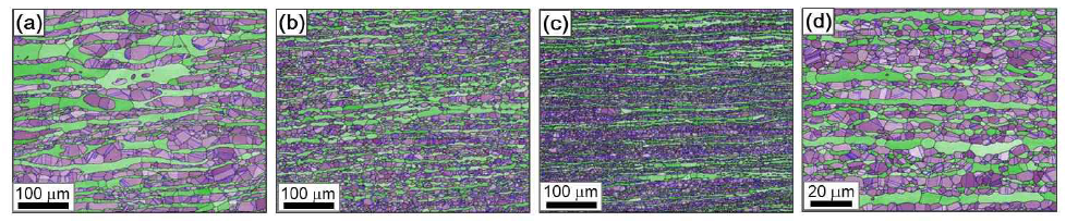 D30NFG의 결정립 미세화(EBSD boundary+phase map): (a) HR1050C30m, (b) CR1050C30m, (c) CR1050C05m, (d) CR1050C05m 고배율