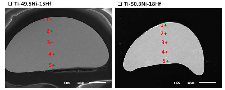급랭응고법을 이용하여 제작된 Ti-Ni-Hf 극세선 단면도