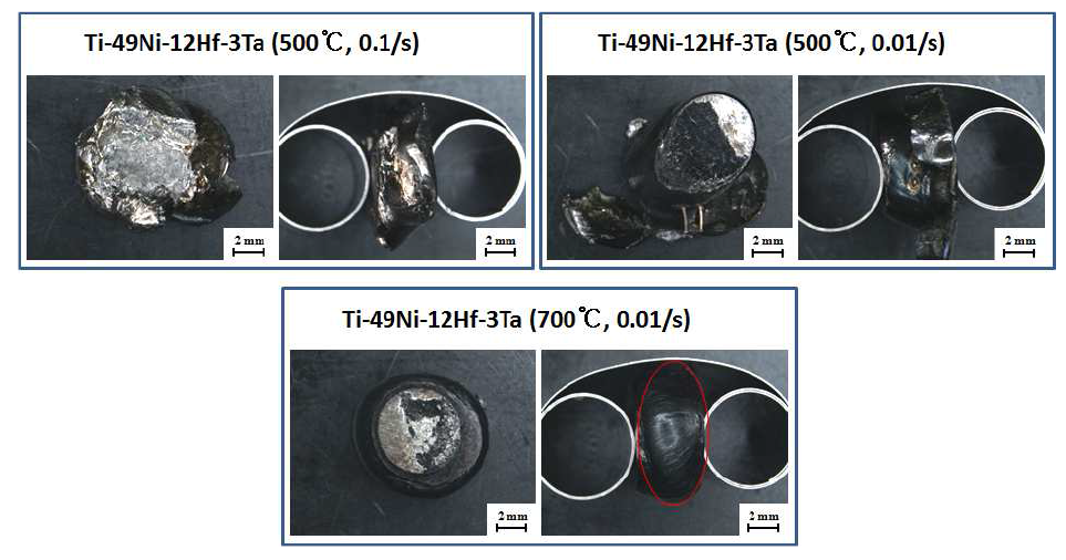균질화 처리 후 Ni49Ti36Hf12Ta3 합금의 성형성 시험 결과