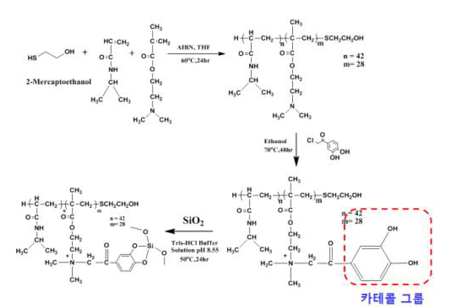 본 연구에서 무기 광결정 소재의 표면 개질용으로 합성된 카테콜 그룹이 graft된 poly(N-isopropyl acrylamide) (PNIPAM) 합성 공정