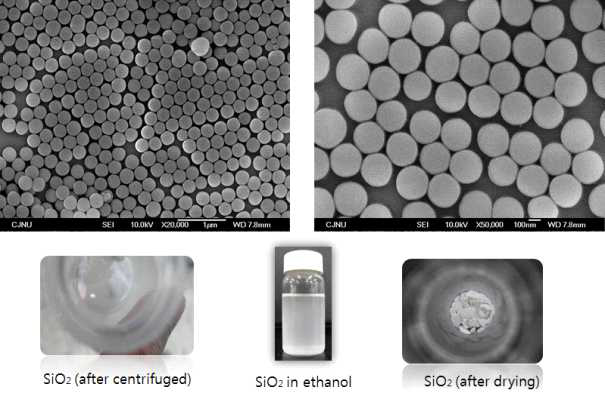 본 연구에 사용된 실리카 나노입자 (통상적인 Stober Method를 사용하여 합성)의 SEM 사진 및 wet과 dry, 그리고 묽은 용액 상태에서의 양상