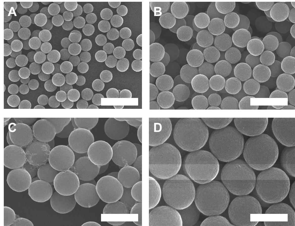 TiO2 나노입자의 SEM 사진(A) 150 nm, (B) 200 nm, (C) 350 nm, (D) 450 nm (scale bar 500 nm)