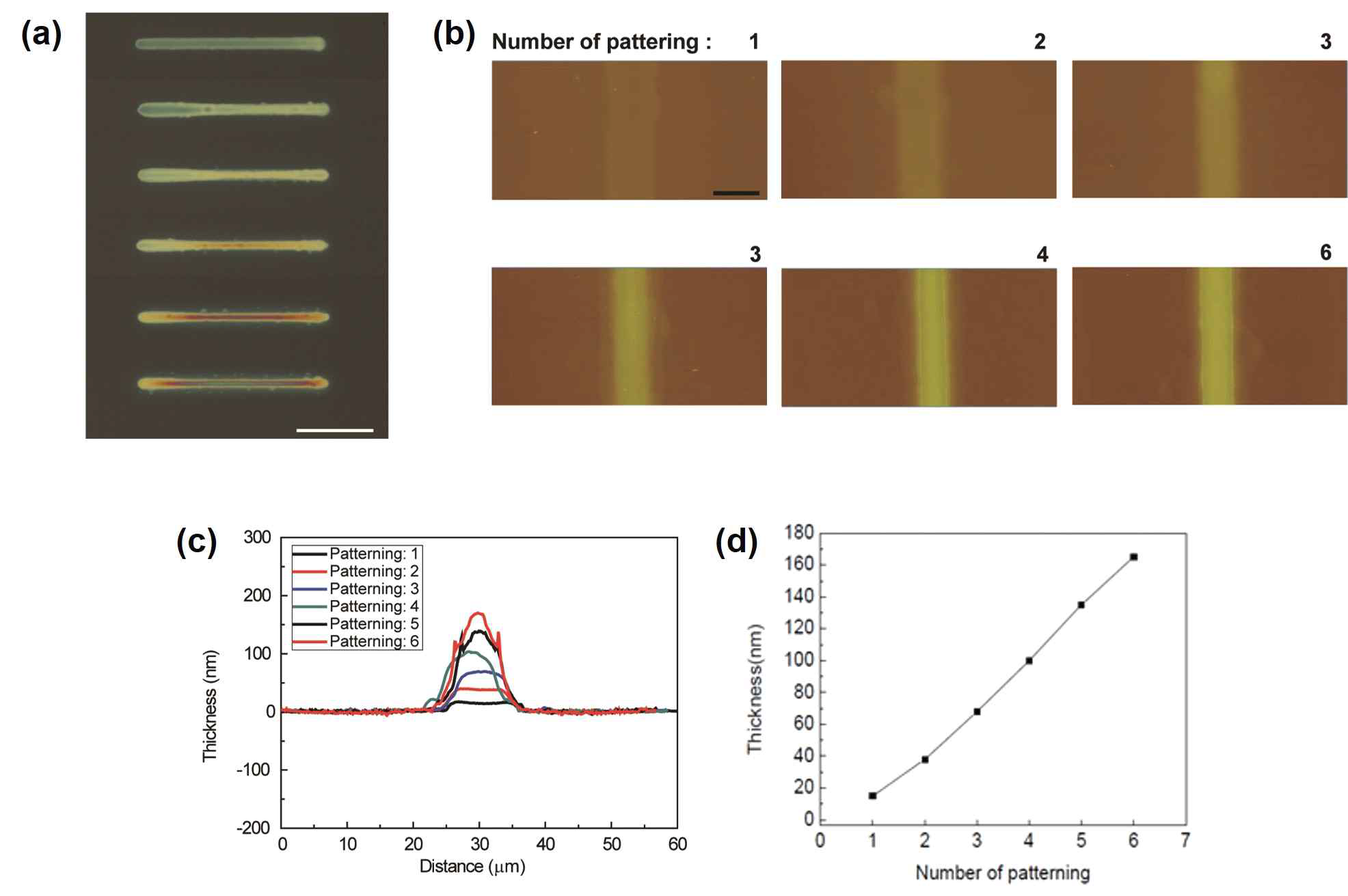EHD 잉크젯 시스템으로 반복 프린팅된 산화물 반도체 패턴 1~6회 반복 프린팅 된 (a) 광학 현미경 사진, (b) AFM 이미지, (c) AFM 두께 profile, (d) 패터닝 횟수에 따른 두께 변화