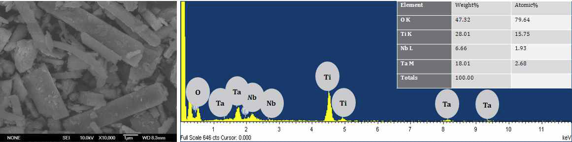 K3Ti5Nb0.5Ta0.5O14의 (왼쪽)SEM 이미지와 (오른쪽)EDS 분석 그래프.