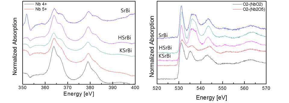 KSr2(1-x)Bi2xNb3O10, HSr2(1-x)Bi2xNb3O10, Sr2(1-x)Bi2xNb3O10 나노시트의 NEXAFS 스펙트럼