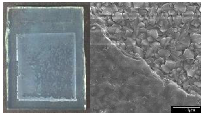 FTO(Fluorine-doped Tin Oxide)에 전착된 Ti5NbO14 박막의 상부사진(좌) 및 FE-SEM 이미지(우)