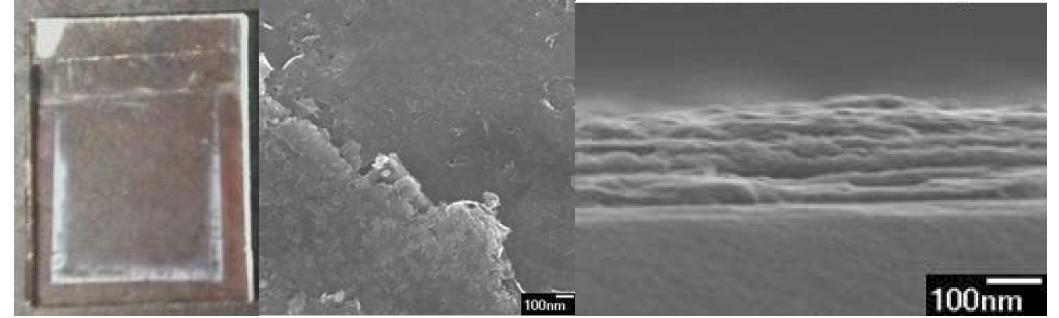 ITO(Indium Tin Oxide)에 전착된 Ti5NbO14 박막의 상부사진(좌) 및 FE-SEM 이미지(가운데-상부, 우-측부)